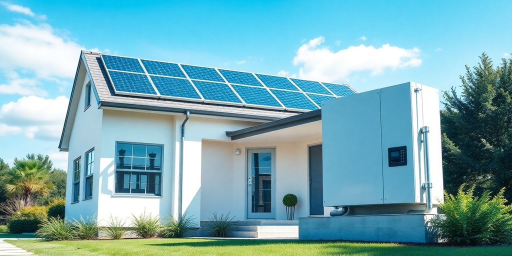 Moderne woning met zonnepanelen en thuisbatterij.