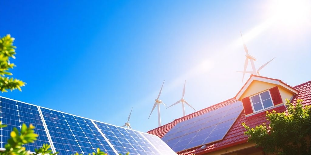 Zonnige woning met zonnepanelen en windturbines op achtergrond.