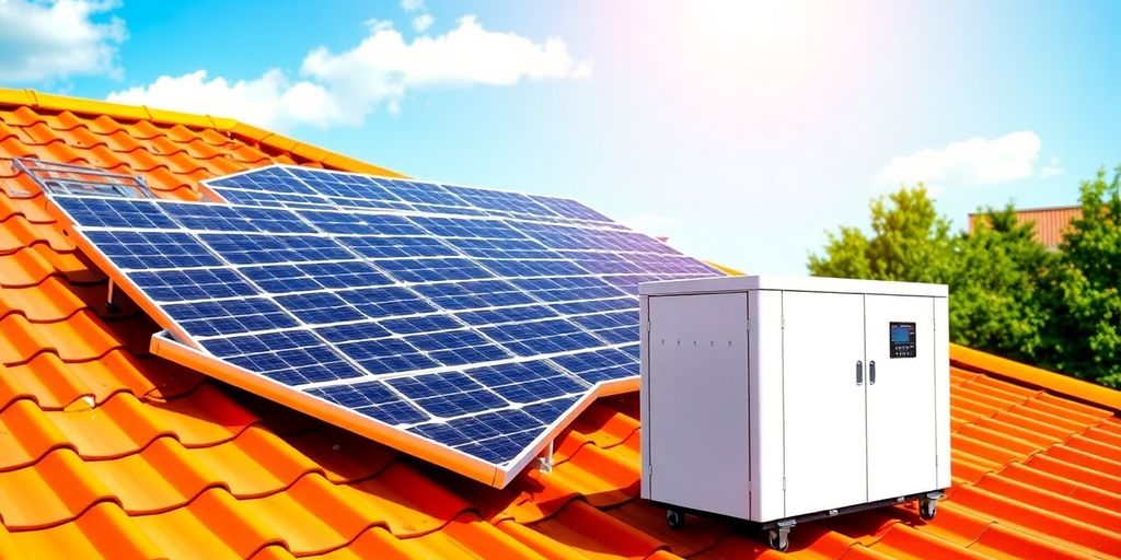 Zonnepanelen op een dak met een thuisbatterij.