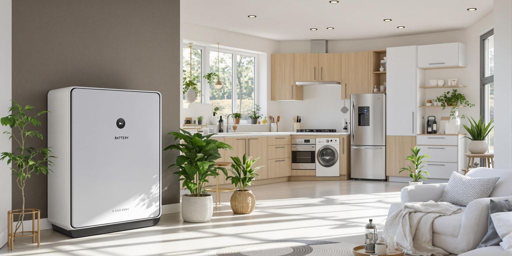 Moderne thuisbatterij in een heldere keuken.