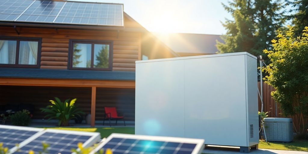 Een huis met zonnepanelen en een accu voor energieopslag.