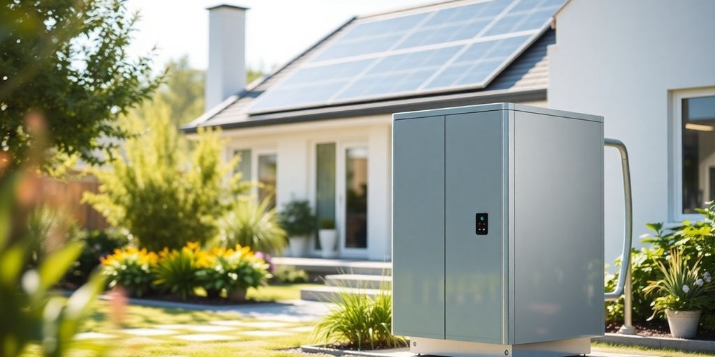 Thuisaccu en zonnepanelen in een moderne tuin.