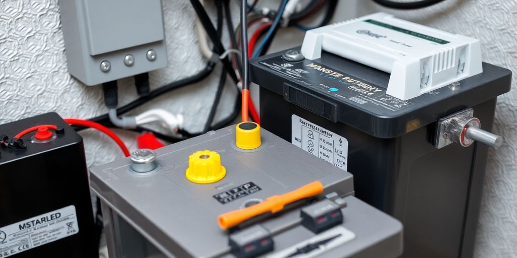 Foto van thuisbatterij installatie met gereedschap en kabels.