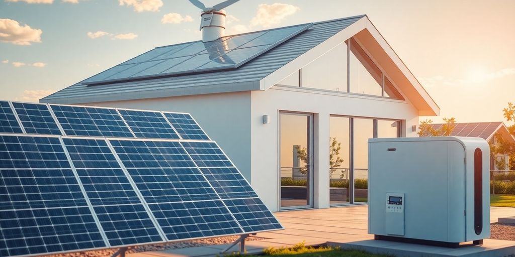 Toekomstige thuisaccu met zonnepanelen in zonnige omgeving.