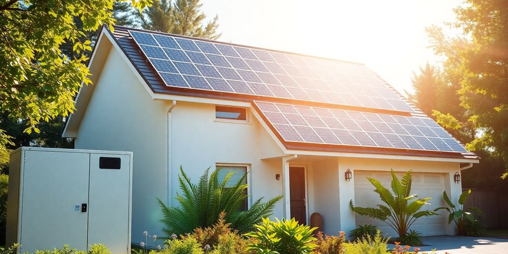 Thuisbatterij en zonnepanelen op een woning in de zon.