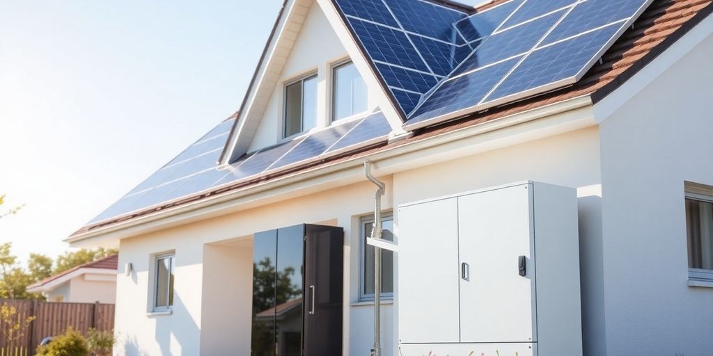 Huis met zonnepanelen en energieopslag thuisaccu