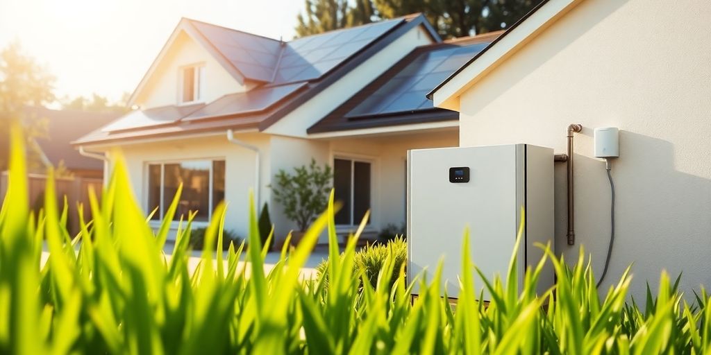 Huis met zonnepanelen en thuisbatterij.