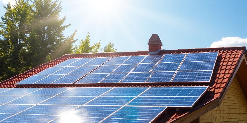 Zonnepanelen op een huisdak met de zon.