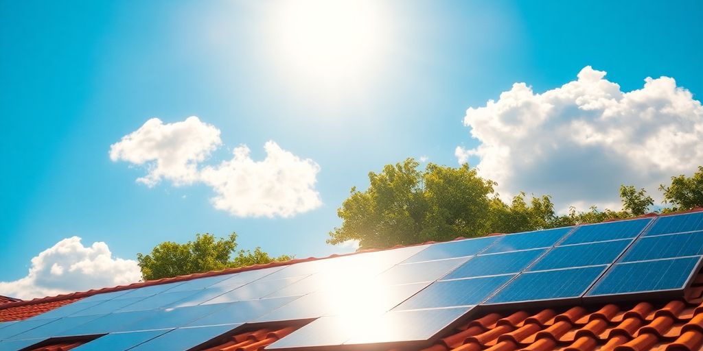 Zonnepanelen op dak, zonlicht, groene energie