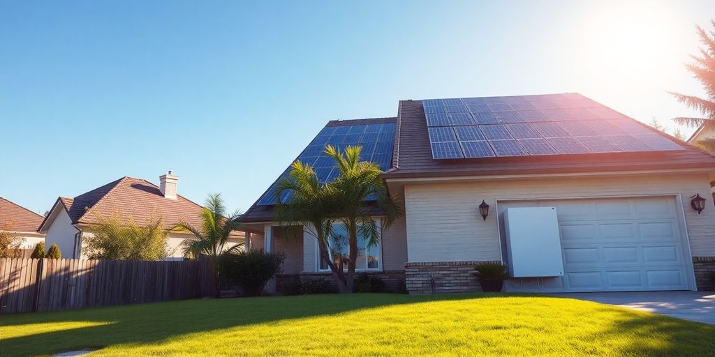 Moderne woning met zonnepanelen op het dak en witte batterij